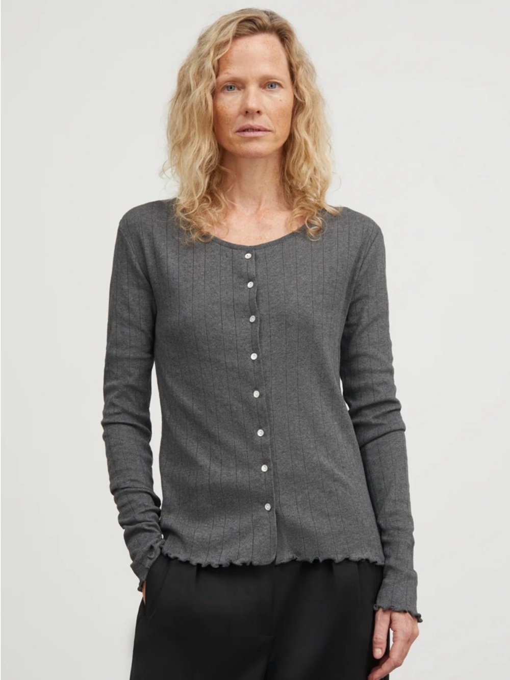 Dark Grey Melange Ribbed Edie Cardigan Button-Front Long Sleeve Top